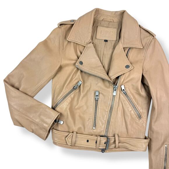 L.P.C Linea Pelle Collection tan lamb leather motorcycle jacket fitted - Picture 3 of 16